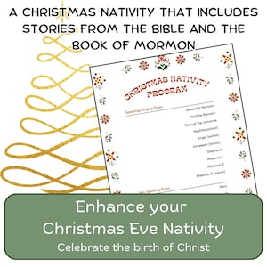 Puede incluir: Un programa de Navidad con un diseño de árbol de Navidad dorado. El programa incluye historias de la Biblia y el Libro de Mormón. El texto del programa dice "Christmas Nativity Program" y enumera los roles hablados y no hablados.
