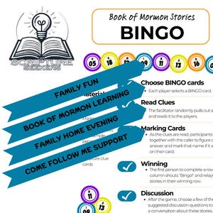 Juegos de bingo del Libro de Mormón: personajes e historias/actividad divertida para la familia o la Iglesia/tarjetas con pistas de palabras/preguntas para debatir incluidas/primaria SUD