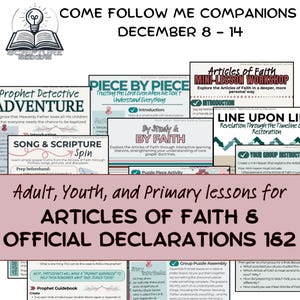 Może przedstawiać: Grafika promocyjna dla programu studiów religijnych, z tekstem "Come Follow Me Companions" i "Grudzień 8-14". Projekt zawiera tytuły lekcji takie jak "Prophet Detective Adventure" i "Articles of Faith Mini-Lesson Workshop".