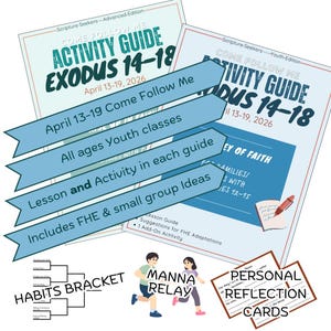 Può includere: Una raccolta di guide di attività e materiali correlati. Le guide sono intitolate "Come Follow Me Activity Guide Exodus 14-18" e includono testo come "April 13-19 Come Follow Me" e "All ages Youth classes". Materiali aggiuntivi includono "Habits Bracket" e "Personal Reflection Cards".