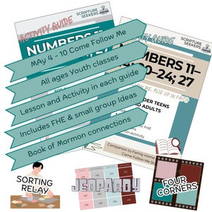 以下が含まれることがあります： 「Numbers 11-24; 27」と「Come Follow Me」のテキストが特徴の、若者向けクラスのアクティビティガイド。レッスンアイデア、アクティビティ、少人数のグループアイデアが含まれています。「Jeopardy」や「Four Corners」などのゲームのアイデアも含まれています。
