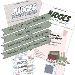 Pode incluir: Uma coleção de guias impressos e um jogo de tabuleiro. Os guias são intitulados "Judges Activity Guide" e "Come Follow Me". O jogo de tabuleiro é rotulado como "Simple Board Game". Os guias incluem guias de lições e sugestões de atividades para aulas de jovens.