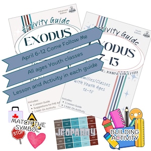 May include: Two activity guides titled "Activity Guide Exodus" with text "April 6-12 Come Follow Me" and "All ages Youth classes". Includes a Jeopardy game, a heart, and a stop sign. Also includes a building activity.