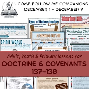 以下が含まれることがあります： 「Come Follow Me Companions」と「Doctrine & Covenants 137-138」のテキストが特徴の、若者と大人のためのカラフルな教育リソース。レッスンカードとScripture Seekersのロゴが含まれています。