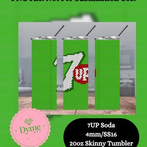 May include: Three 20oz skinny tumblers with a green background and the 7UP logo. Each tumbler has a silver lid and a silver straw. The tumblers are decorated with a green pattern and the 7UP logo in white and red.