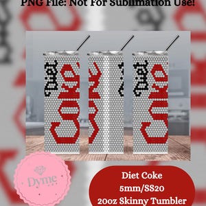 May include: Three 20oz skinny tumblers with a red and white geometric design. The tumblers are labelled "Diet Coke" and have a 5mm/SS20 size. The tumblers are on a wooden surface.