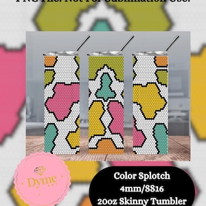 May include: Three 20oz skinny tumblers with a geometric pattern in pink, yellow, green, and orange. The tumblers are made with 4mm stainless steel and are not for sublimation use. The text "Color Splotch 4mm/SS16 20oz Skinny Tumbler" is displayed below the tumblers.