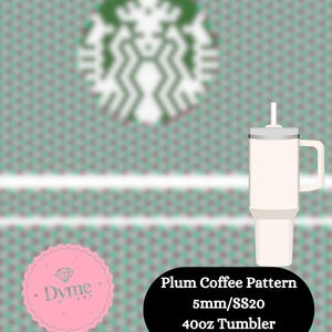 May include: A 40oz tumbler with a plum coffee pattern. The tumbler has a green and white Starbucks logo on the top and the text "Plum Coffee Pattern 5mm/SS20 40oz Tumbler" on the bottom.