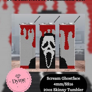 May include: A 20 ounce skinny tumbler with a red, white and black design featuring the Ghostface mask from the Scream movie franchise. The tumbler is 4mm in size and is made with SS16 beads.