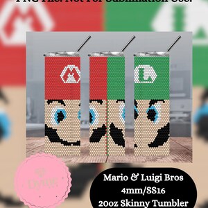 May include: Three 20oz skinny tumblers featuring pixelated designs of Mario and Luigi. The tumblers have red, green, and tan sections, with Mario's 'M' and Luigi's 'L' on the front. Each tumbler has a silver straw and a black lid. The text "Mario & Luigi Bros" is also visible.