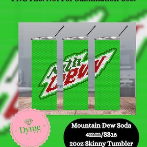 May include: Three green and red Mountain Dew soda 20oz skinny tumblers with a straw. The tumblers have a green background with the Mountain Dew logo. The image also includes the text "PNG File: Not For Sublimation Use!" and "Mountain Dew Soda 4mm/SS16 20oz Skinny Tumbler."