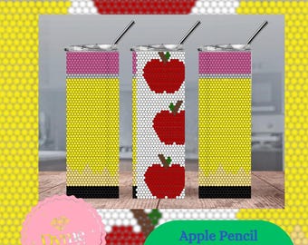 May include: Three 20oz skinny tumblers with a design of red apples and a yellow pencil. The tumblers are white with a pink top and black bottom. The text "Apple Pencil 4mm/SS16 200z Skinny Tumbler" is written in green and white.