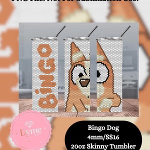 May include: A set of three 20oz skinny tumblers with a cartoon dog design. The tumblers feature a white background with a honeycomb pattern and a cartoon dog character. The text "Bingo" is displayed on one tumbler. Each tumbler has a silver straw.