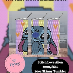 May include: A 20 ounce skinny tumbler with a beaded design featuring Stitch from Lilo & Stitch. The design is in shades of blue, pink, yellow, and orange. The tumbler is for beading projects only and is not for sublimation.