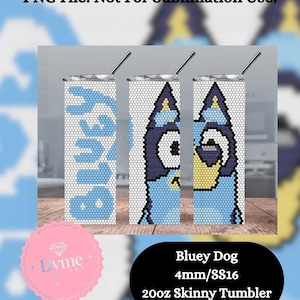 May include: A set of three 20oz skinny tumblers featuring a blue dog design. The tumblers have a white background with a blue mosaic pattern. The text "Bluey" is displayed on one tumbler. Each tumbler has a silver straw.