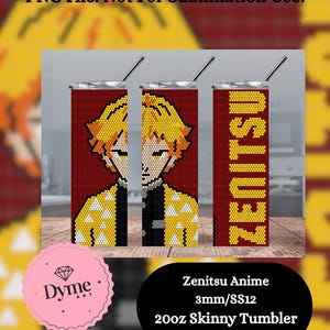 May include: Three 20oz skinny tumblers with a Zenitsu Anime design. The tumblers feature a red background with a pixelated image of Zenitsu and the word "ZENITSU" in yellow. Each tumbler has a silver straw and the text "PNG File: Not For Sublimation Use!"