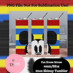 May include: Three 20oz skinny tumblers with a colorful design. Each tumbler features a red, yellow, and blue pattern with a black and white mouse design. The tumblers have a silver straw and the text "PNG File: Not For Sublimation Use!"