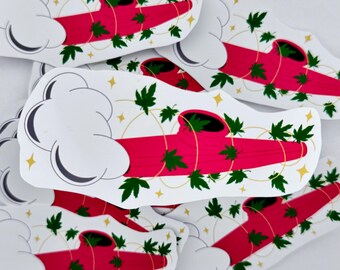 May include: A collection of stickers featuring a red pipe design with green cannabis leaves and a white cloud. The stickers have a gold outline and star accents, creating a whimsical and eye-catching design.