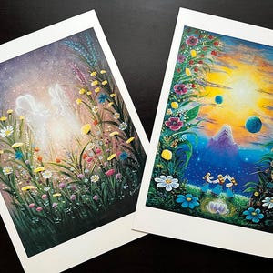 Cartes postales Sun Dance Garden (Ensemble de 2) | Cartes d'art printanières | Art visionnaire | Anges du jardin | Trois soeurs | Cartes vierges pour elle