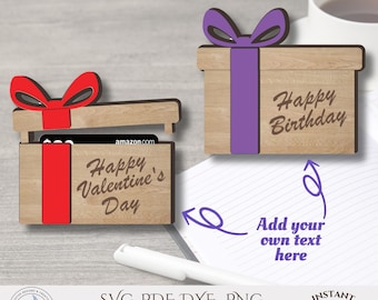 Porta tarjetas de regalo personalizado SVG para Navidad o cumpleaños, caja de regalo 3D cortada con láser, archivo digital Glowforge, descarga digital instantánea