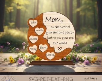Letrero personalizado para mamá en formato SVG 3D, archivo de corte láser para el Día de la Madre, letrero con el nombre de la abuela, mamá e hijos, descarga digital instantánea.