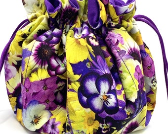 Tatting Bag #304. Dreaming in the Garden spring flowers.  Kona Purple Riches lining and purple drawstrings.