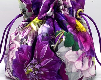 Tatting Bag #317. Purple Dahlias--Tina's Garden collection.  Kona Mulberry lining and purple drawstrings.