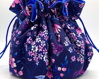 Tatting Bag #316. Flower medley on dark navy blue background.  Bella Azure lining and blue drawstrings.
