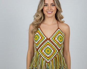 Handmade Granny Square Crochet Top with Fringe, Boho Summer Tank for Women