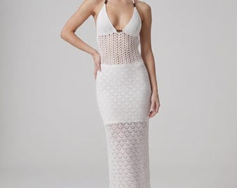 White Crochet Halter Maxi Dress, Handmade Boho Beach Resort Wear