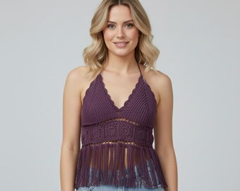 Handmade Crochet Fringe Halter Top for Women – Boho Summer Festival Knit Crop Top