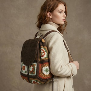 Zaino quadrato all'uncinetto stile boho nonna, borsa patchwork retrò fatta a mano