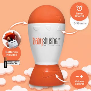May include: An orange and white Baby Shusher device with volume and timer controls. The device includes batteries and is powered by Duracell. The text "Baby Shusher The Sleep Miracle" is displayed on the device.
