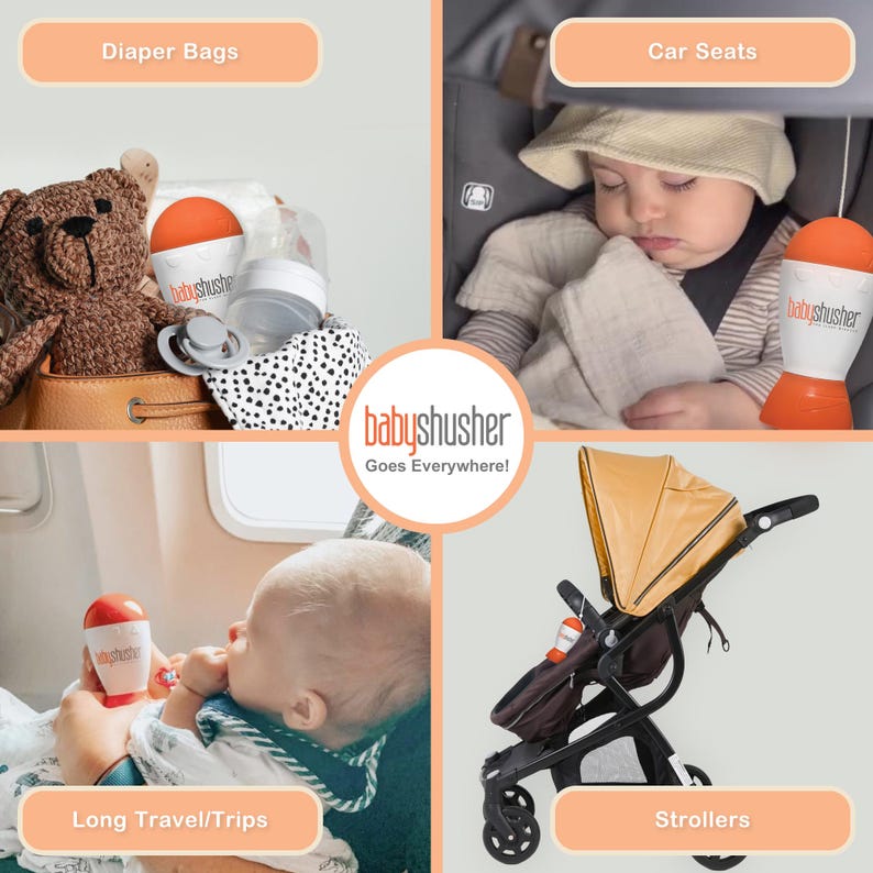 May include: A promotional image showcasing baby products. The image includes a diaper bag with a teddy bear, a baby in a car seat, a baby on a plane, and a stroller. The text "babyshusher Goes Everywhere!" is also visible.