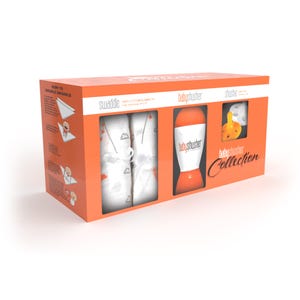 May include: An orange box set labeled "babyshush Collection" contains swaddle blankets, a baby shusher, and a small toy. The swaddle blankets are white with a heart pattern. The baby shusher is orange and white. The box also shows instructions on how to double swaddle.