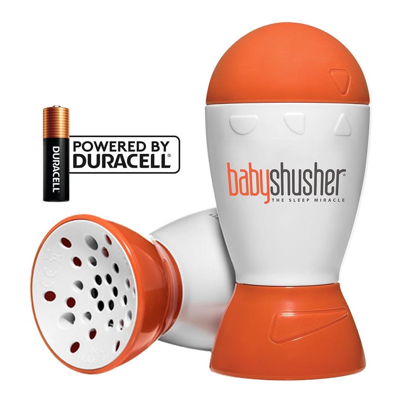 K&ouml;nnte beinhalten: Ein orangefarbener und wei&szlig;er Baby-Shusher mit einem Lautsprechergitter und dem Text "babyshusher the sleep miracle" auf der Vorderseite. Angetrieben von Duracell-Batterien.