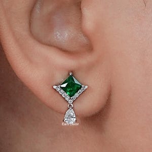 Princess Cut Grüne Edelstein Brautjungfer Ohrringe, Pear Cut Lab Grown Diamant Baumeln Tropfen Ohrringe, 14K Weißgold Schraube zurück Ohrringe für Sie
