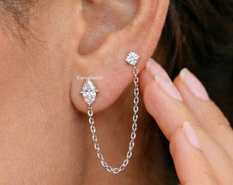 Marquise & Round Cut Lab Diamond Dual Stud Earrings, Two-Stone Tassel Chain Stud Earrings, 14K Solid Gold Dangling Chain Earrings For Women