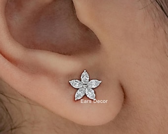Marquise Cut Lab Diamond Floral Shape Stud Earrings, Cluster Set CVD Diamond Bridal Studs, 14K Solid Gold Earrings, Flower Diamond Earrings