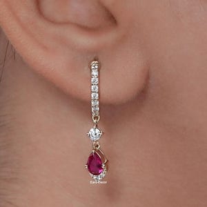 Pear Ruby and Round Diamond Dangle Earrings, 14K Gold Ruby Earrings For Women, Lab Round Diamond Bridal Earrings, Perfect For Birthday