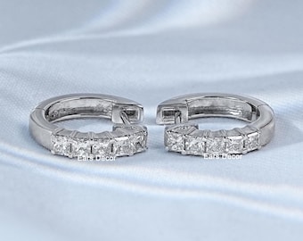 Princess Cut Lab Grown Diamond Hoop Earrings, Sterling Silver 5 Stone Earrings For Anniversary Gift, Hoop Style Lab Diamond Earrings