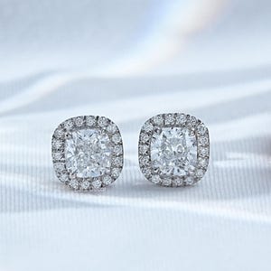 Cushion Cut Lab Grown Diamond Halo Stud Earrings, Everyday Wear Minimalist Stud Earrings, CVD Diamond Studs, Claw Prong Set Stud Earrings