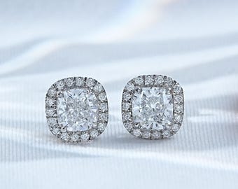 Cushion Cut Lab Grown Diamond Halo Stud Earrings, Everyday Wear Minimalist Stud Earrings, CVD Diamond Studs, Claw Prong Set Stud Earrings