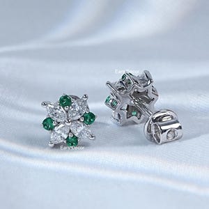 Lab Grown Diamond Earrings, Marquise Cut Lab Grown Diamond Cluster Earrings, Round Cut Green Emerald Flower Earrings, Gift Earrings For Her