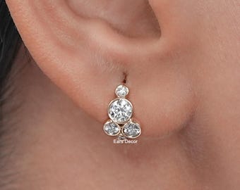 Round Cut Lab Grown Diamond Huggie Earrings, Bezel Set Natural Diamond Bridal Hoops Earrings, 14K Yellow Gold Huggie Hoop Earrings For Women