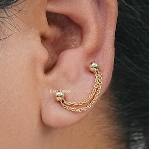 14K Solid Gold Round Beads With Double Layer Chain Attachment, Cable Link Gold Charm Earrings, Cartilage Helix Connector Loop Stud Earrings
