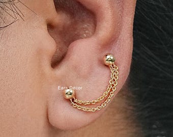 14K Solid Gold Round Beads With Double Layer Chain Attachment, Cable Link Gold Charm Earrings, Cartilage Helix Connector Loop Stud Earrings