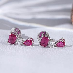 Red Ruby Emerald & Pear Cut Gemstone Earrings, Natural Diamond Dangle Drop Earrings, Lab Diamond Bridal Earrings, 14K White Gold Earrings