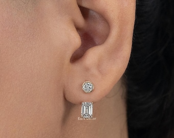 Round & Emerald Cut Lab Diamond Jacket Stud Earrings, 14K Solid Gold Bezel Set Earrings, Handcrafted Diamond Front Back Bridal Earrings