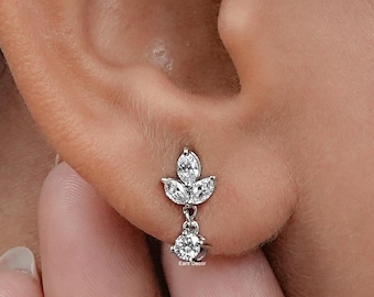 14KT white Gold Marquise Cut Lab Grown Diamond Wedding Earrings, Dangle Drop Lab Made Diamond Earrings, Hand Made Diamond Earrings For Love
